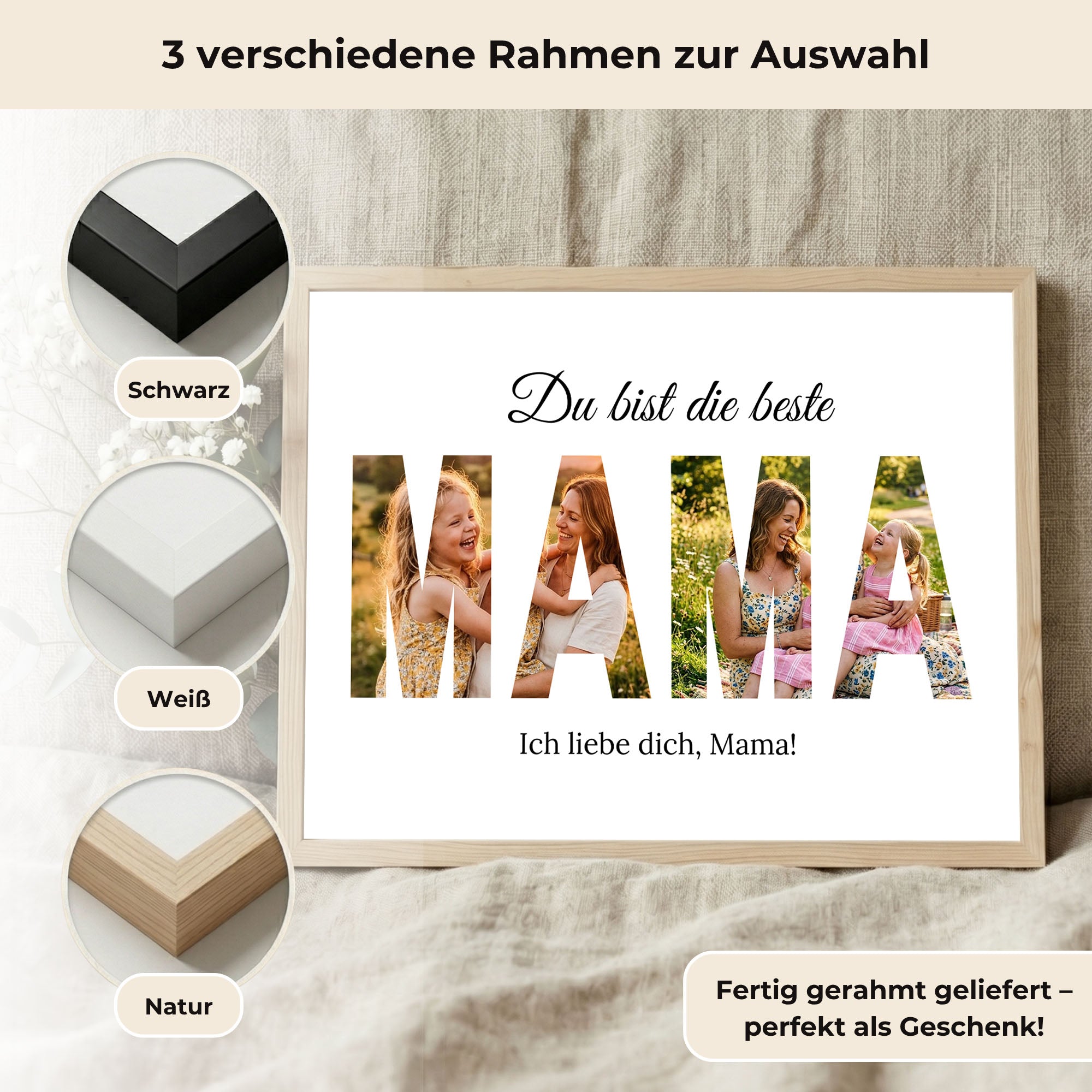 Poster "Mama Buchstaben Collage" mit Rahmen und gratis Schlüsselanhänger
