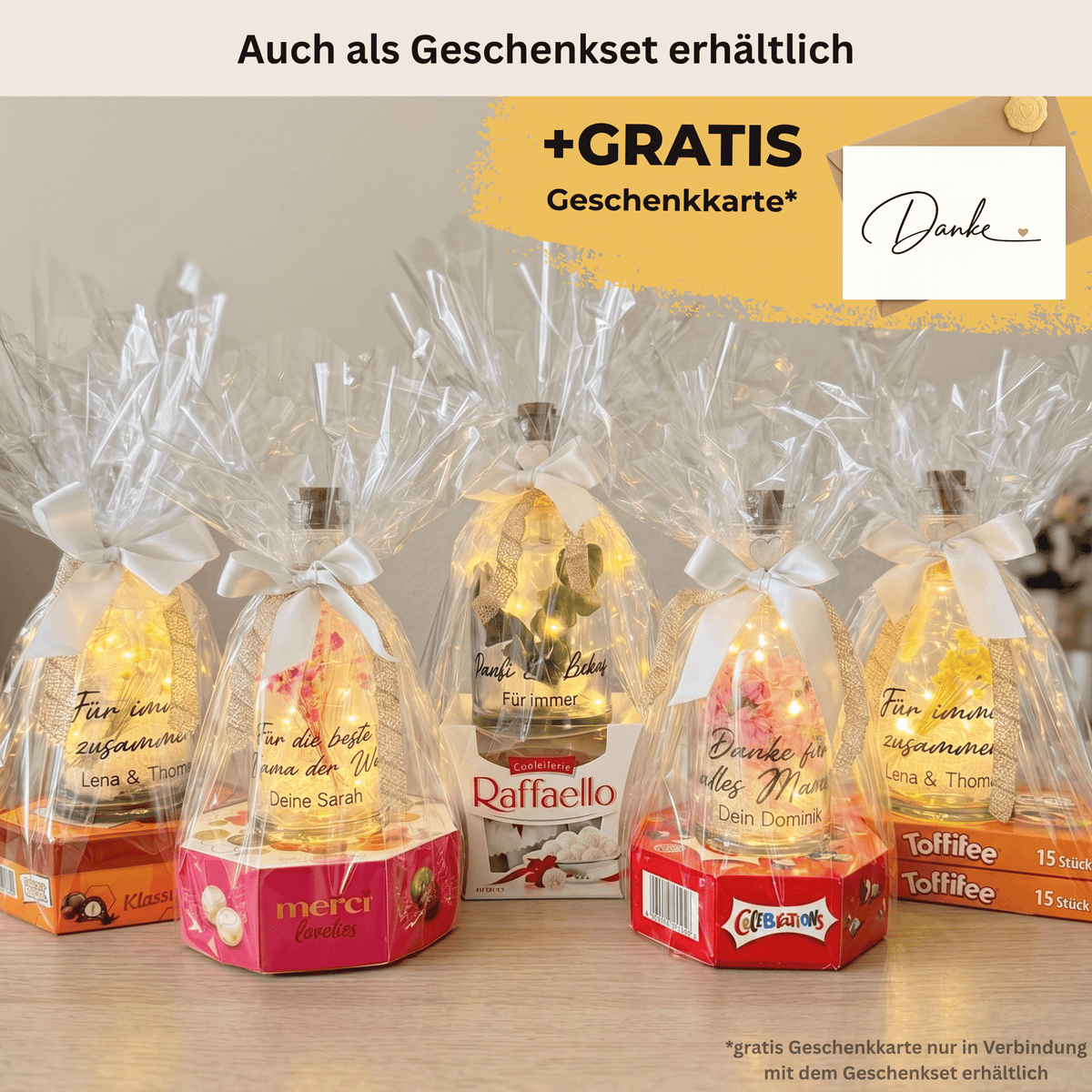 Personalisierte Flower Bottle als Geldgeschenk mit LED-Licht und Wunschtext