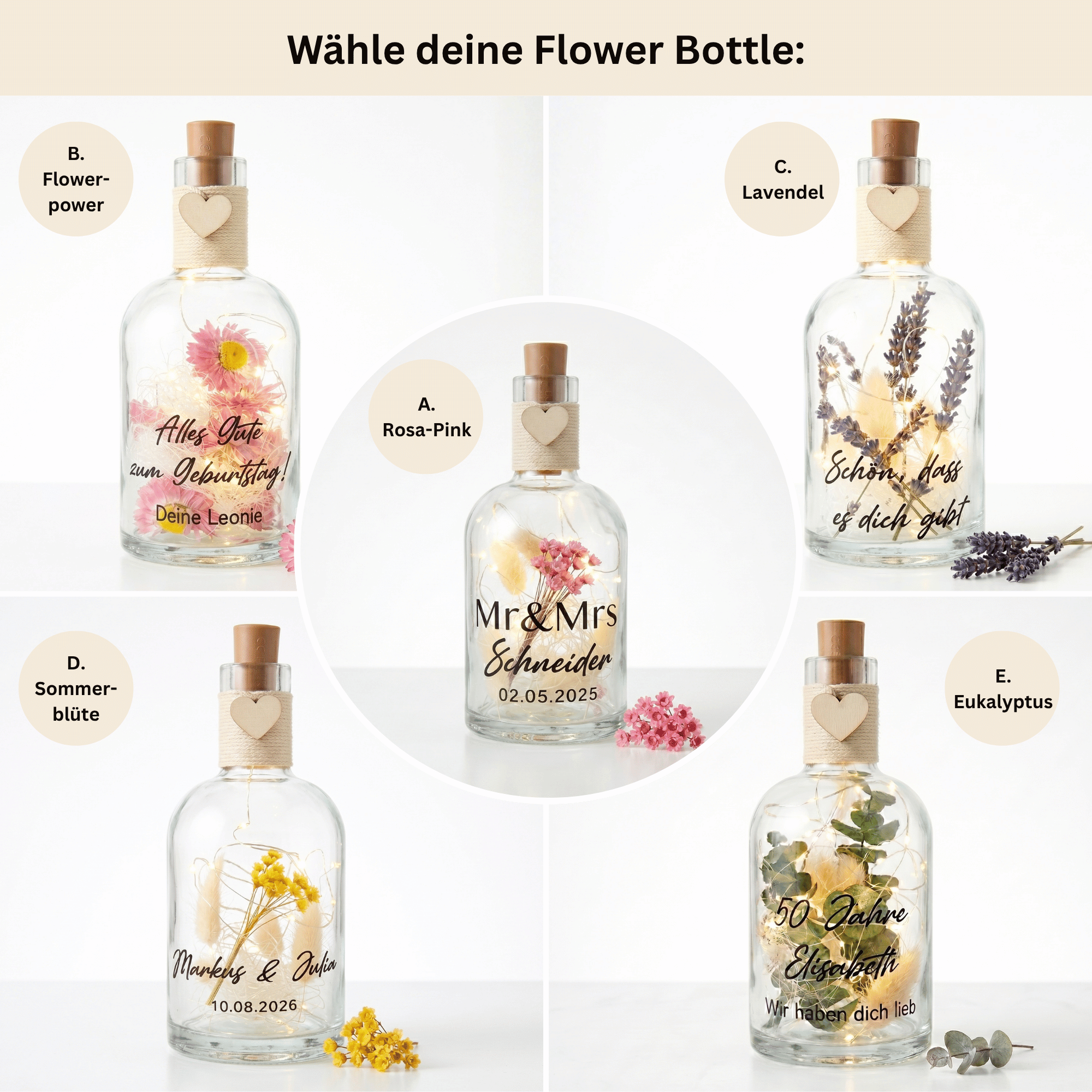 Personalisierte Flower Bottle als Geldgeschenk mit LED-Licht und Wunschtext