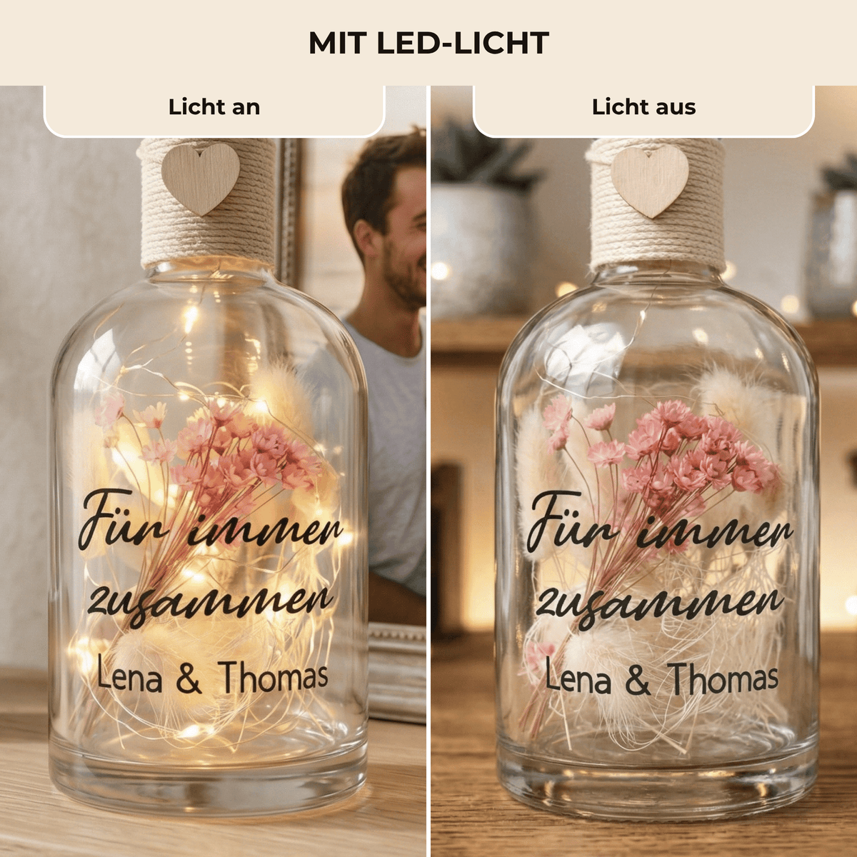 Personalisierte Flower Bottle als Geldgeschenk mit LED-Licht und Wunschtext