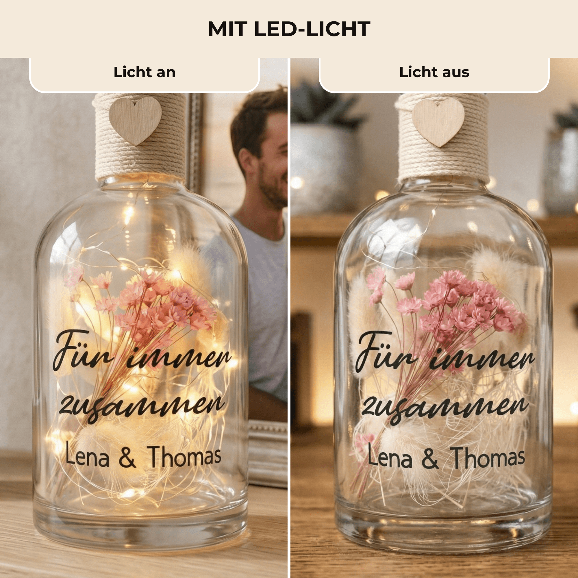 Personalisierte Flower Bottle mit LED-Licht und Wunschtext