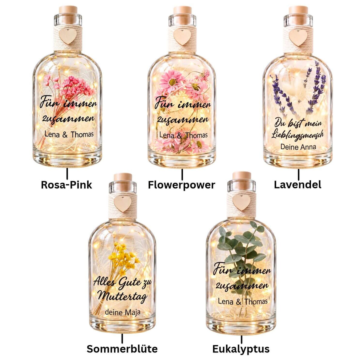Personalisierte Flower Bottle mit LED-Licht und Wunschtext