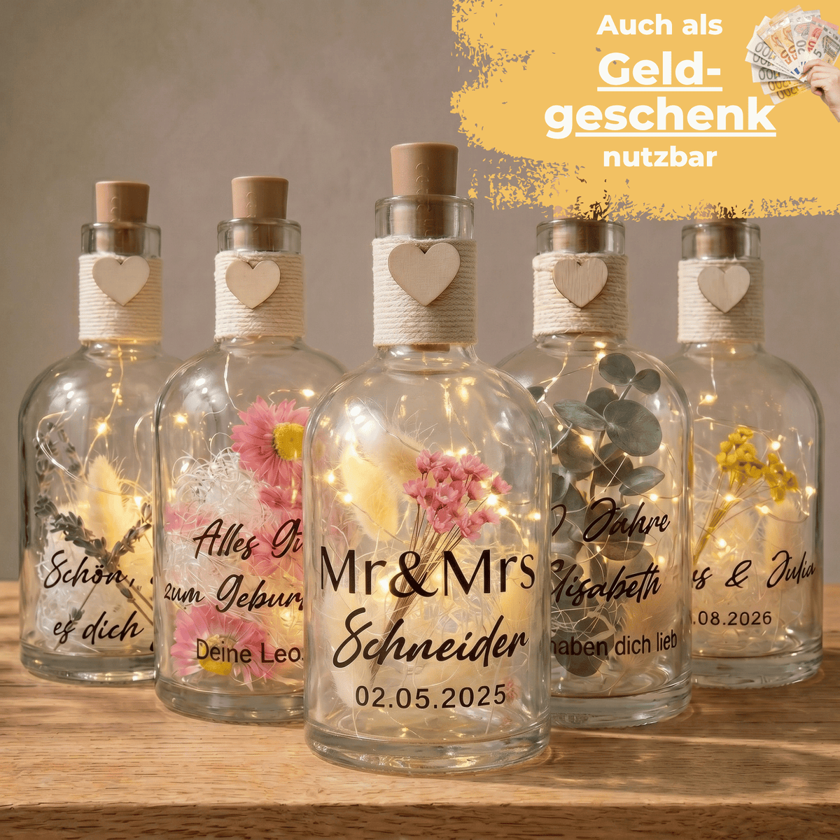 Personalisierte Flower Bottle als Geldgeschenk mit LED-Licht und Wunschtext