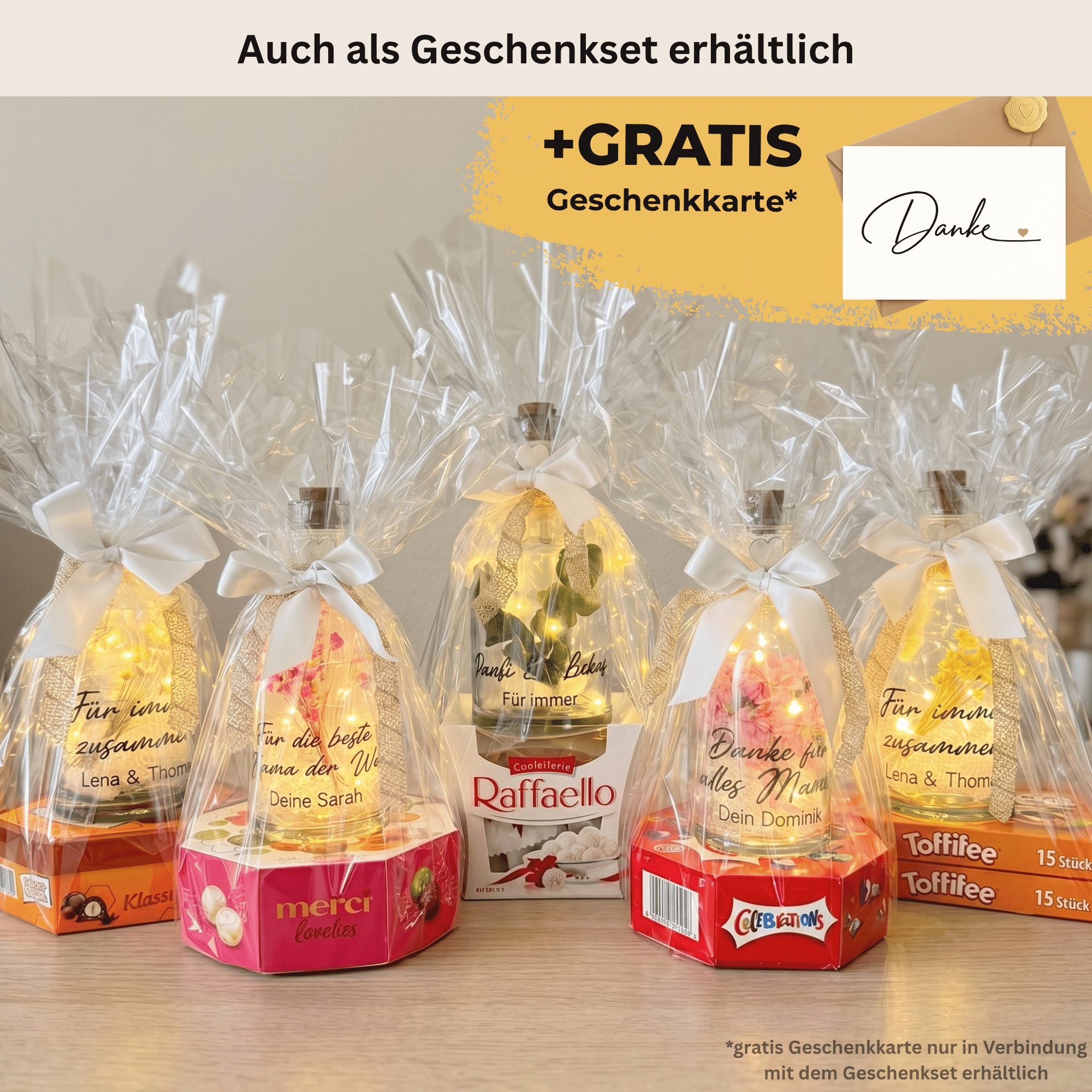 Personalisierte Flower Bottle als Geldgeschenk mit LED-Licht und Wunschtext