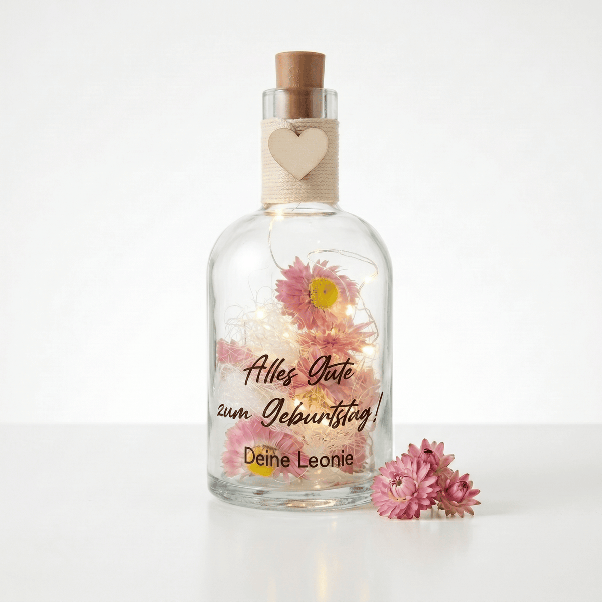 Personalisierte Flower Bottle als Geldgeschenk mit LED-Licht und Wunschtext