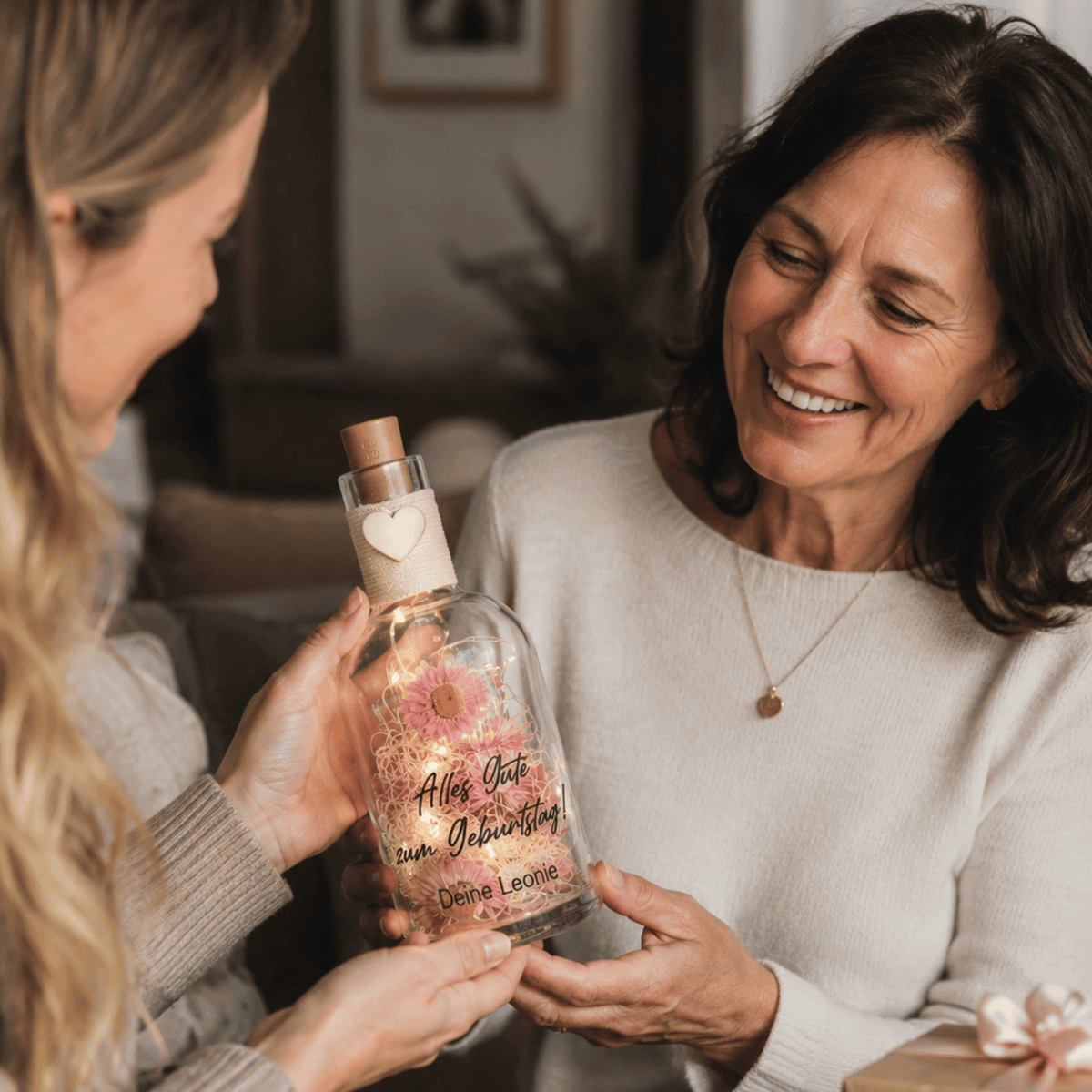 Personalisierte Flower Bottle als Geldgeschenk mit LED-Licht und Wunschtext