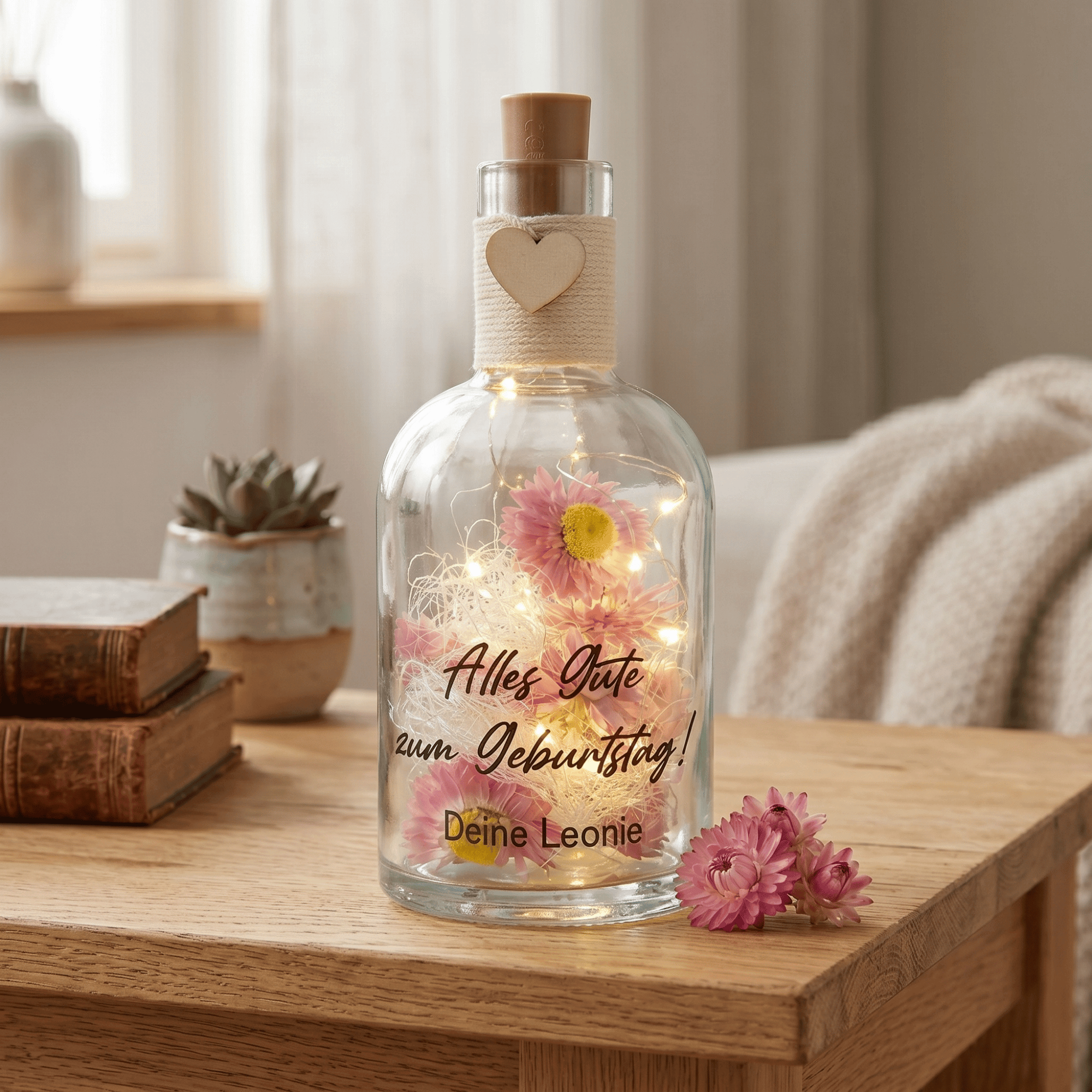 Personalisierte Flower Bottle als Geldgeschenk mit LED-Licht und Wunschtext