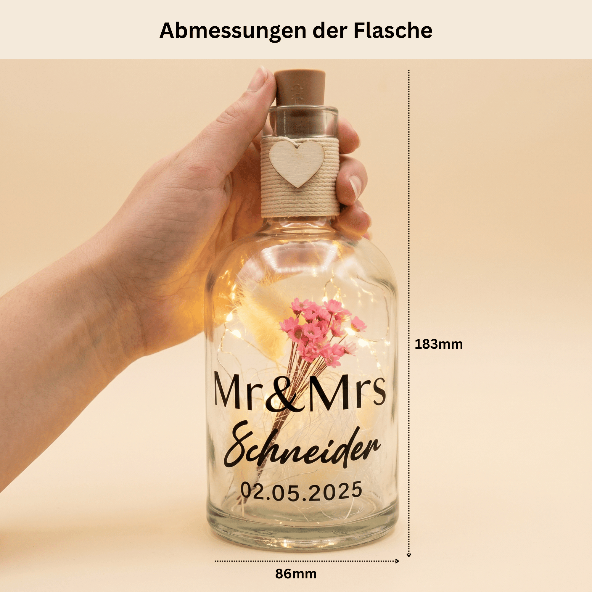 Personalisierte Flower Bottle als Geldgeschenk mit LED-Licht und Wunschtext