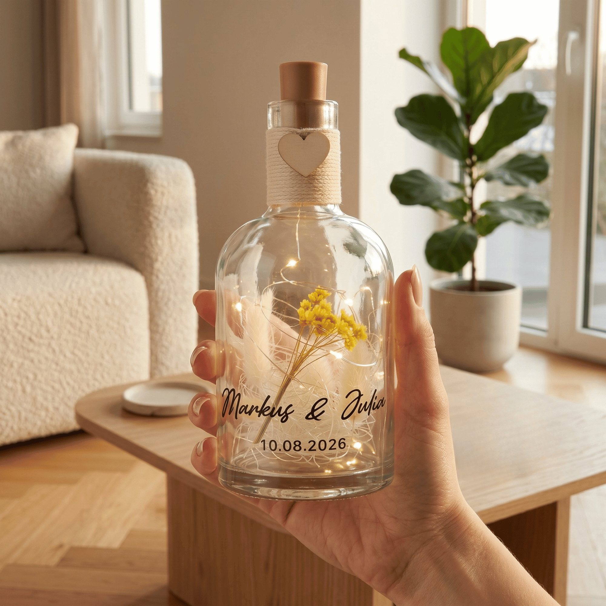 Personalisierte Flower Bottle als Geldgeschenk mit LED-Licht und Wunschtext